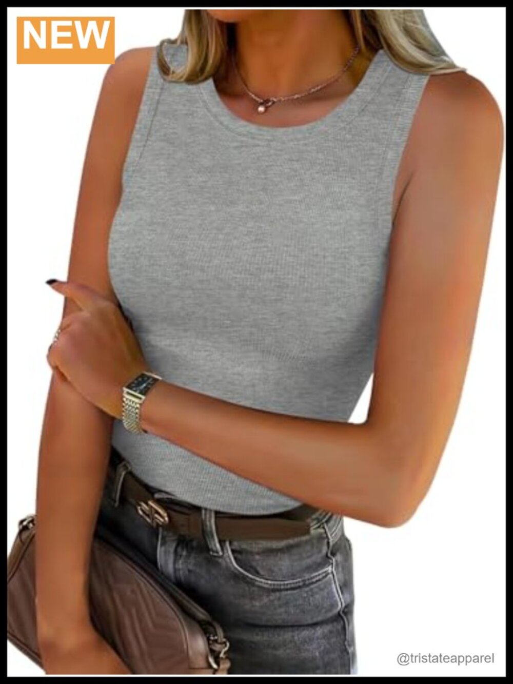 Sleeveless High Neck Ribbed Knit Tank Top Casual Slim Fit Racerback